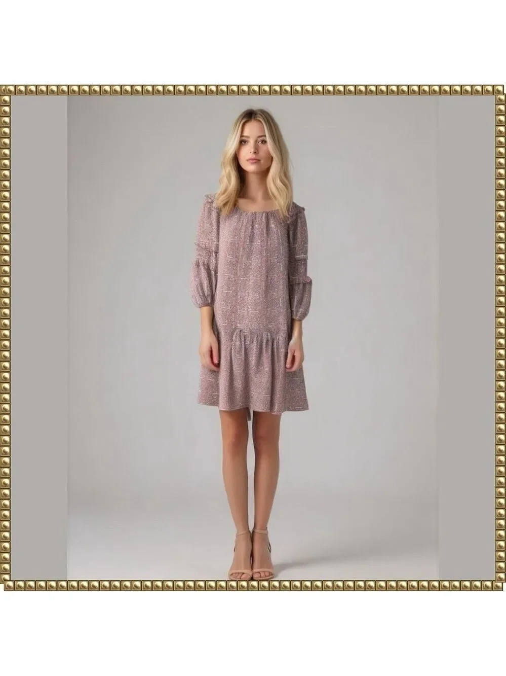 max studio pink dress Max Studio Bubble Sleeve V-Neck Empire Waist Midi Dress